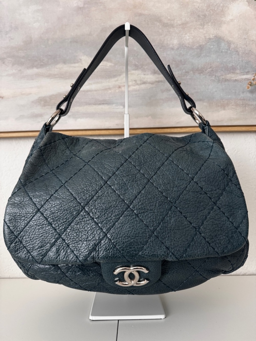 CHANEL Quilted Shoulder in Dark Teal with Silver Hardware ON THE ROAD FLAP LARGE
